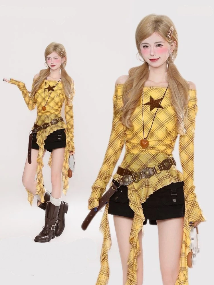 Y2K Plaid Slash Neck Vintage T - Shirts recension och pris