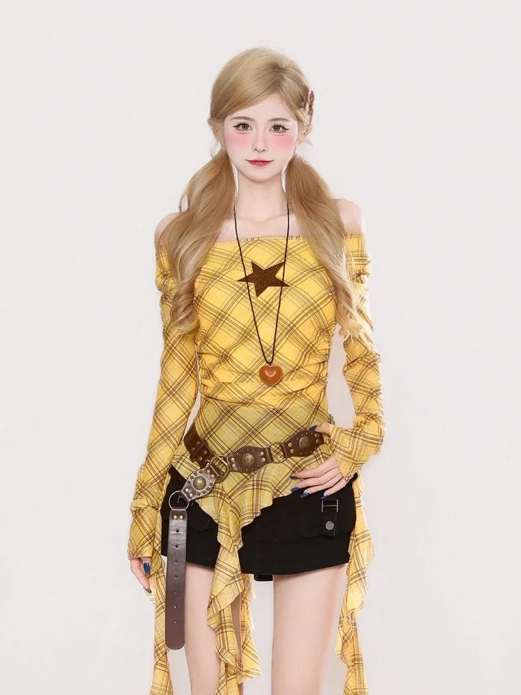 Y2K Plaid Slash Neck Vintage T - Shirts recension och pris