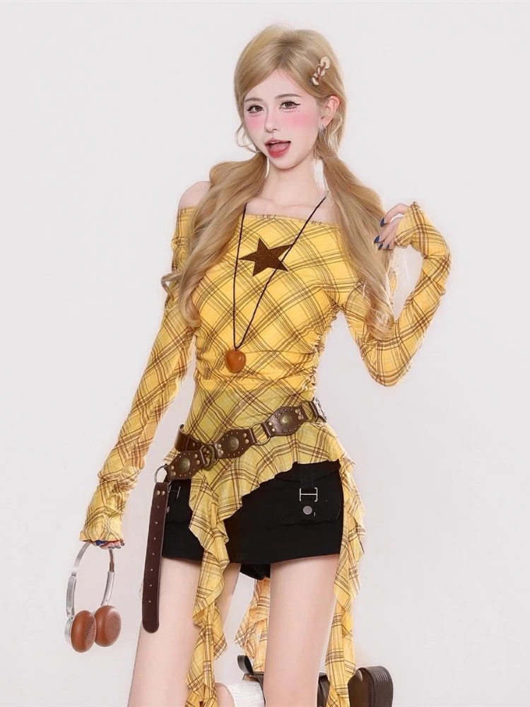 Y2K Plaid Slash Neck Vintage T - Shirts recension och pris